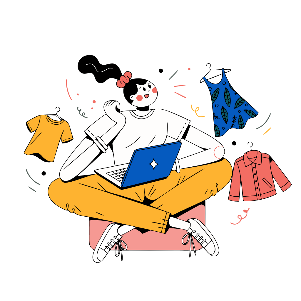 Illustration of an online shopper browsing clothes on a laptop