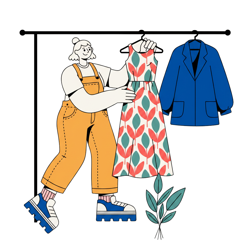 Illustration of a reseller inspecting a vintage dress on a clothing rack