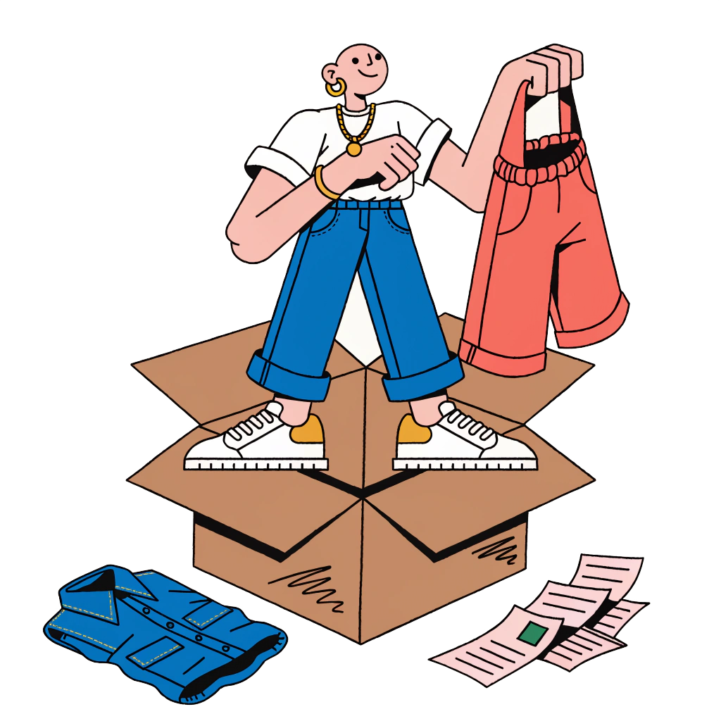 Illustration of a serial returner standing in a shipping box with rejected clothes