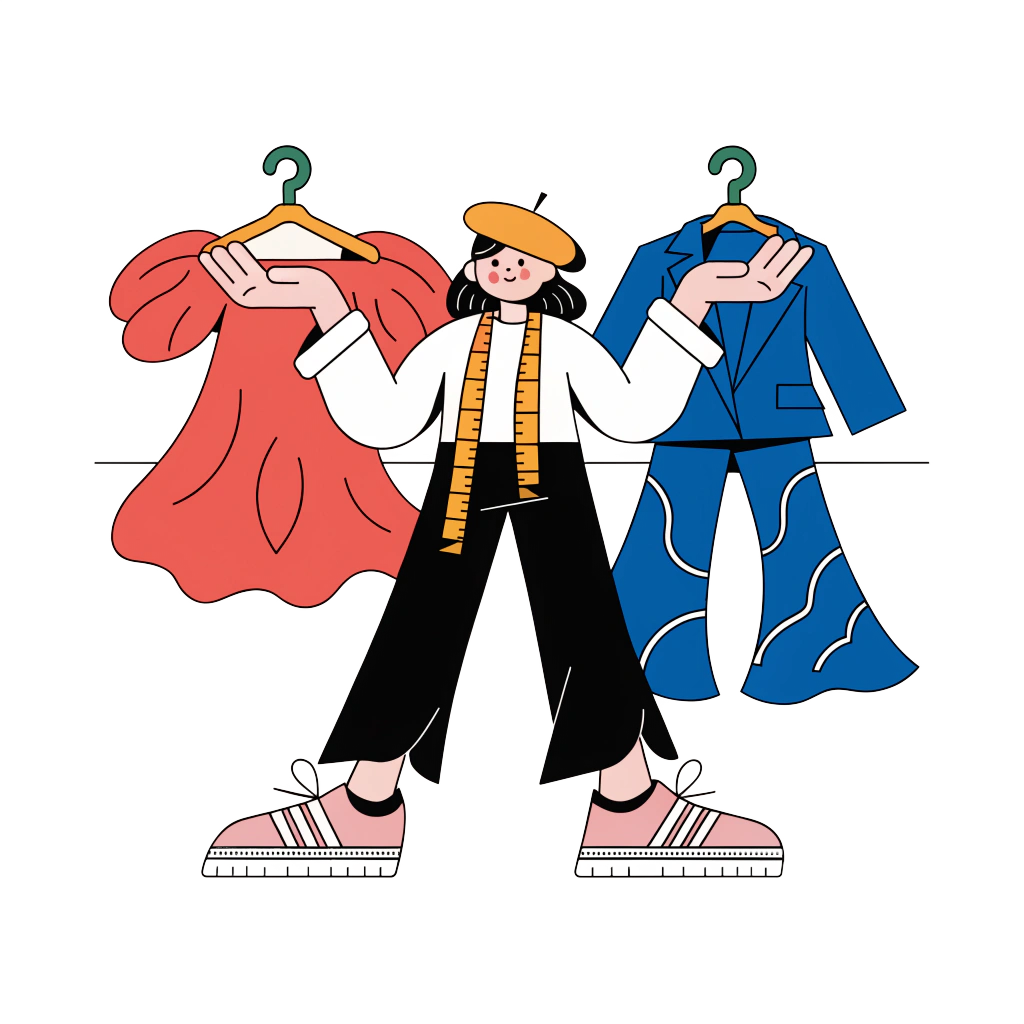 Illustration of a stylist with a tape measure holding two outfit options