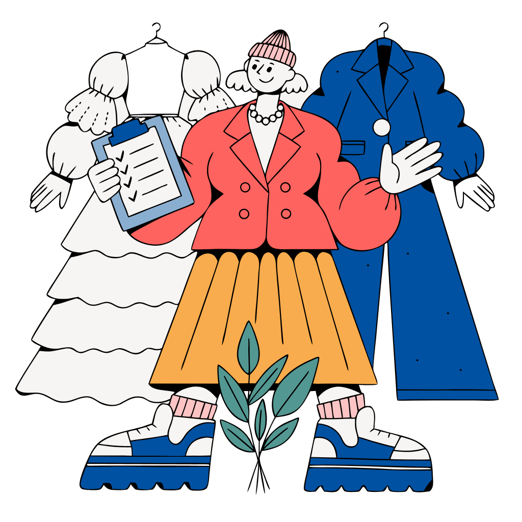 Illustration of a wedding planner comparing a wedding dress and suit on hangers